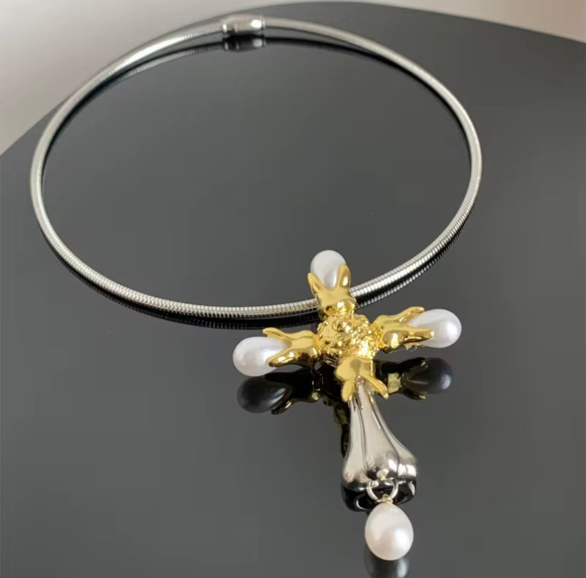 3 Piece Cross Pearl Pendant Collar Choker Dangle Large Earrings Big Cross Baroque