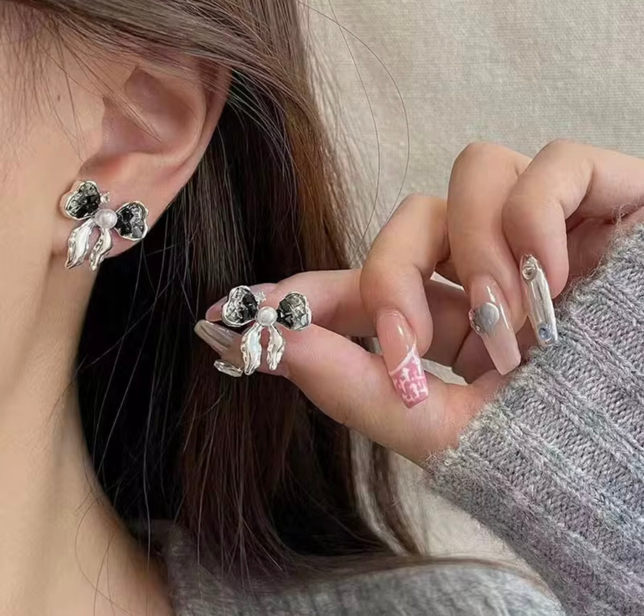 Silver and Black Bow Earrings