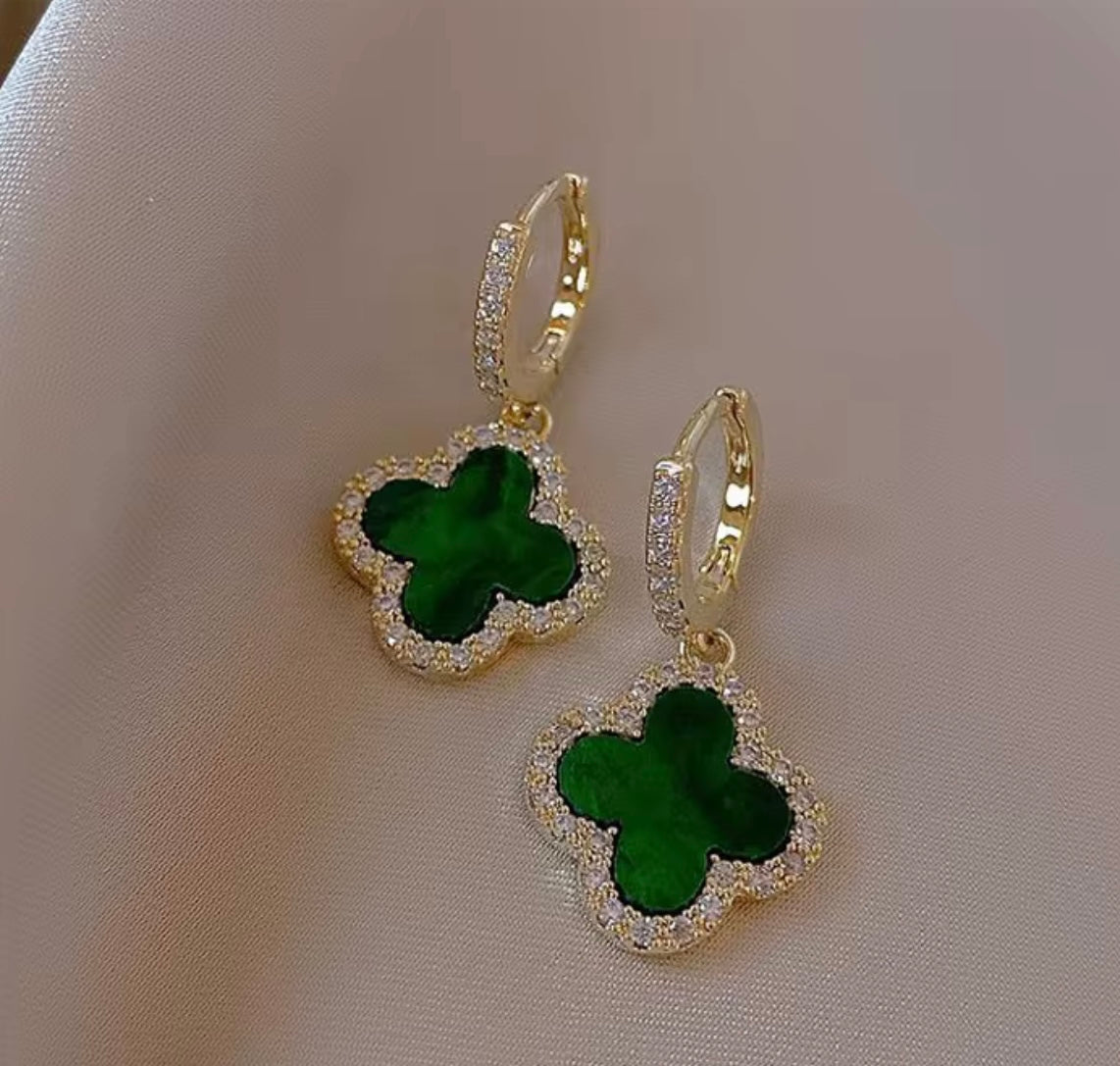 Clover Green/ Gold Diamond Earrings