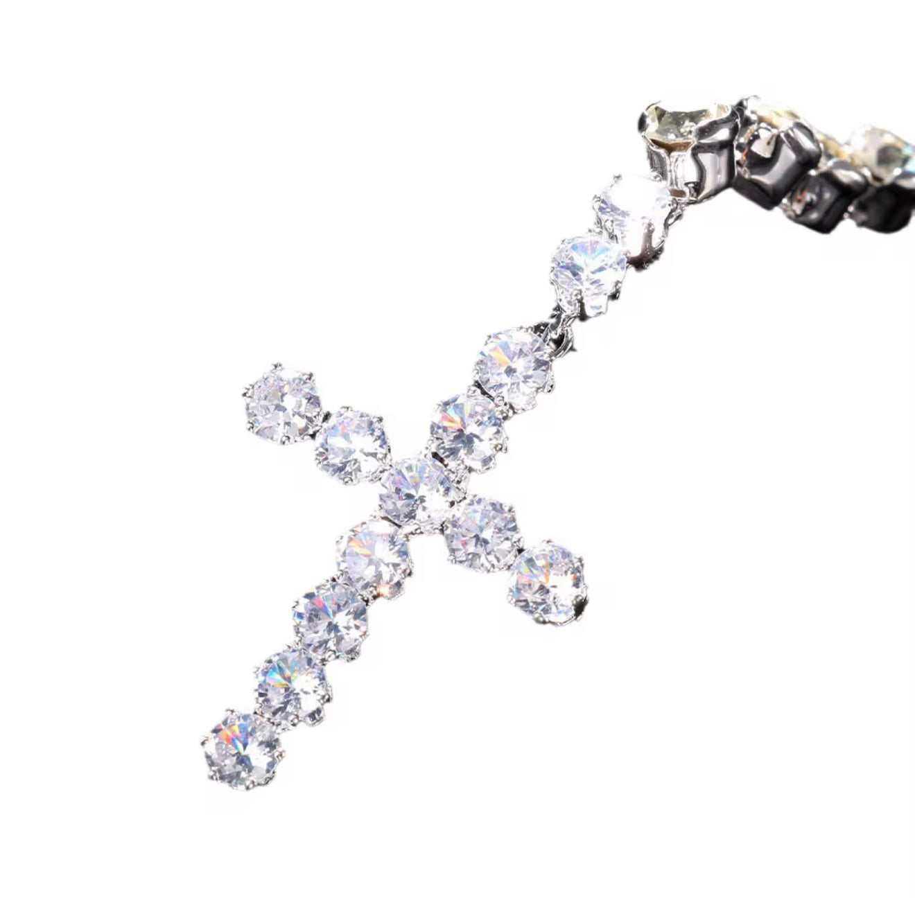 Silver Diamond Long Cross Necklace