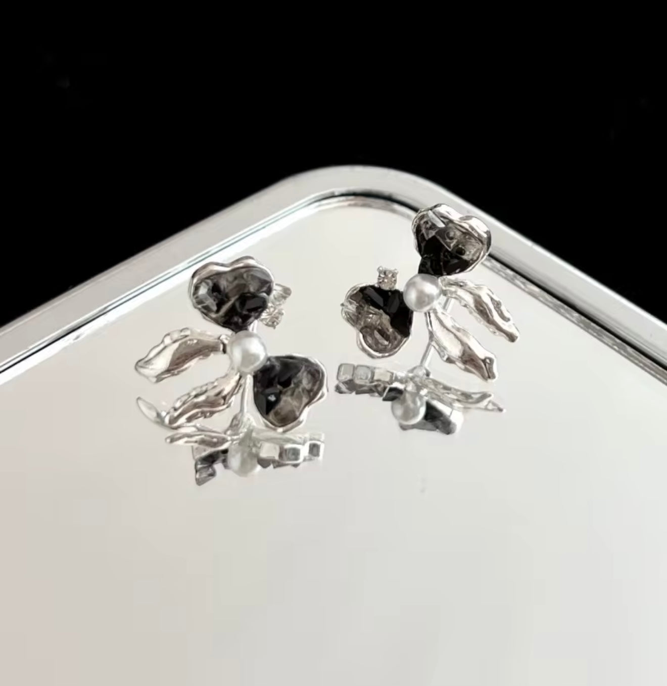 Silver and Black Bow Earrings