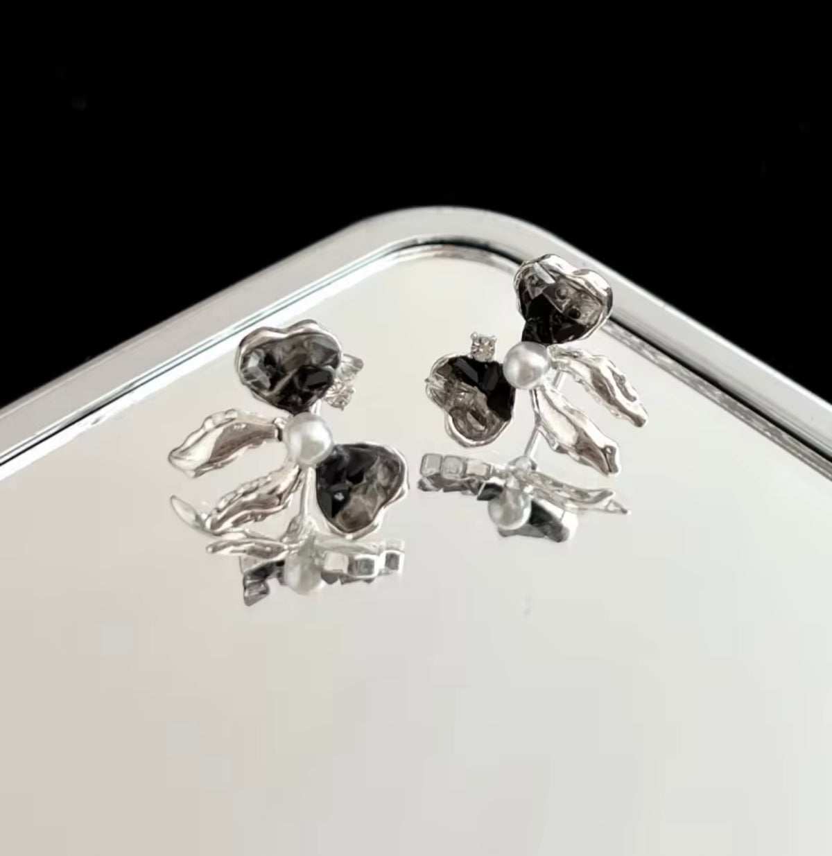 Silver and Black Bow Earrings