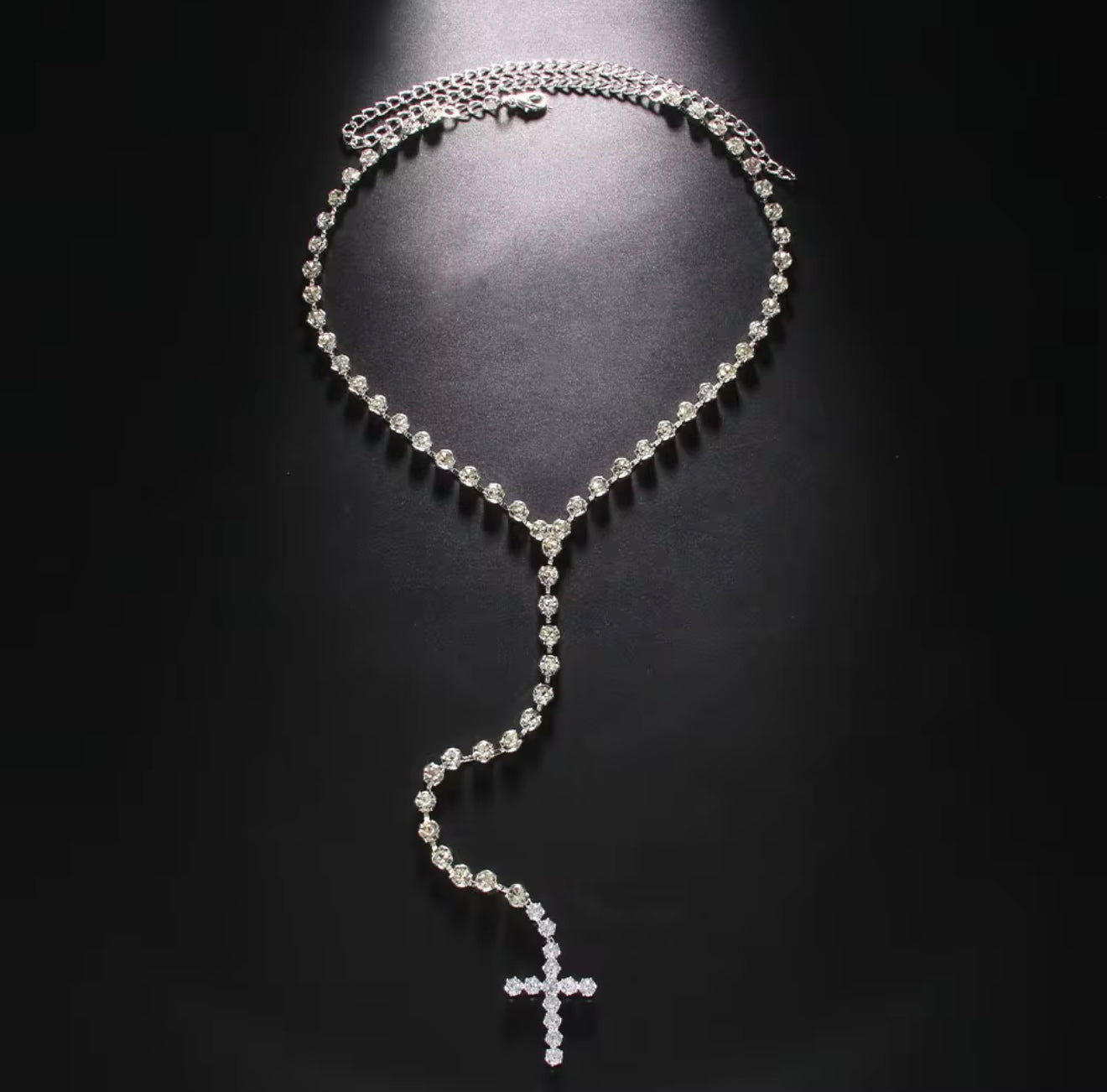 Silver Diamond Long Cross Necklace