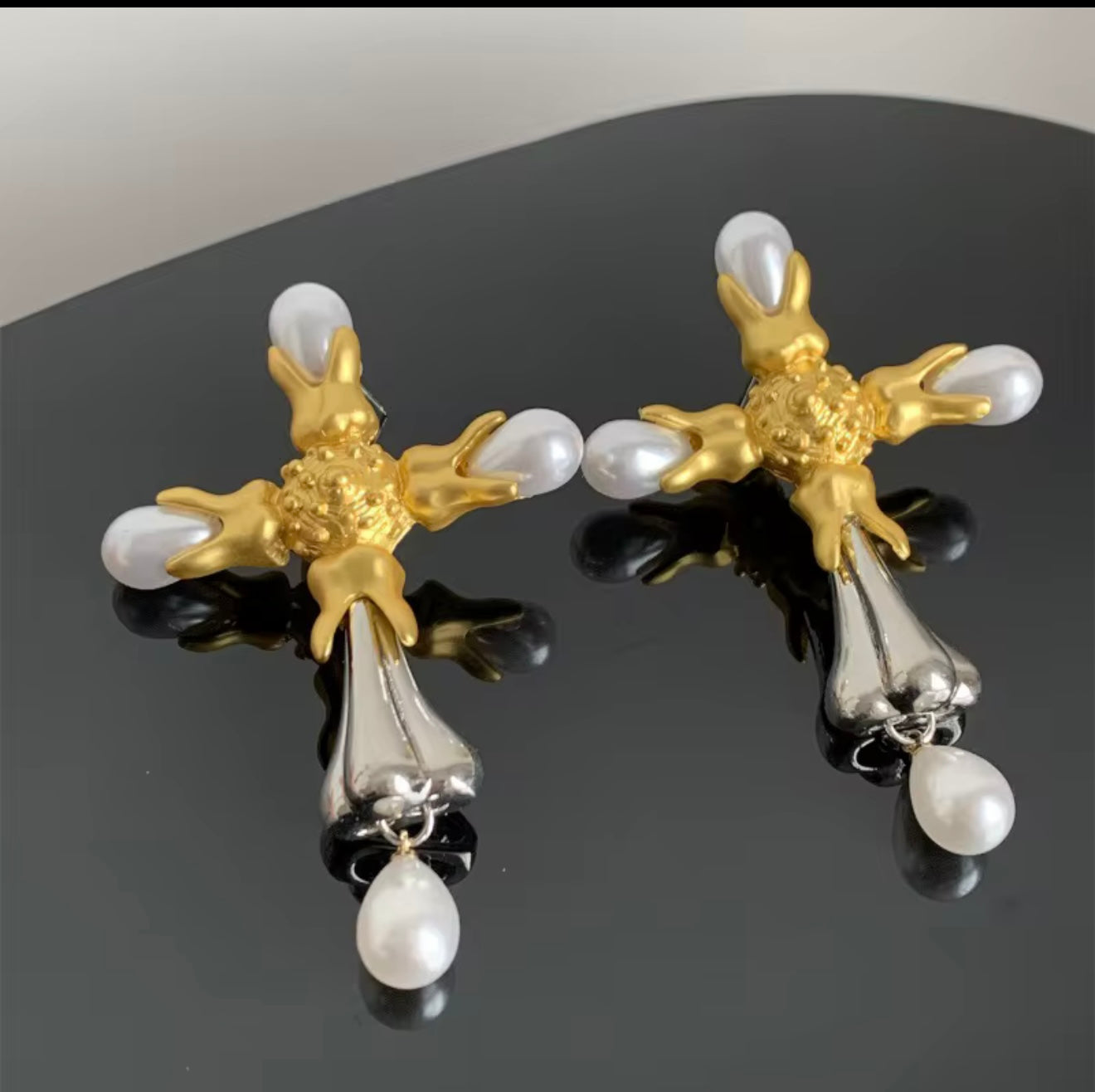 3 Piece Cross Pearl Pendant Collar Choker Dangle Large Earrings Big Cross Baroque